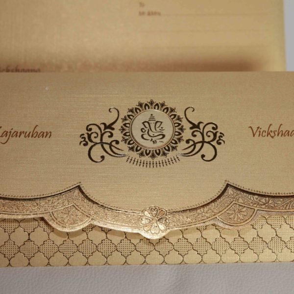 Golden Cream Broach Hindu wedding invitation